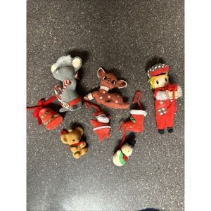 Lot Vintage Flocked Christmas Ornaments Hong Kong Santa Deer Mouse Snowman Bell